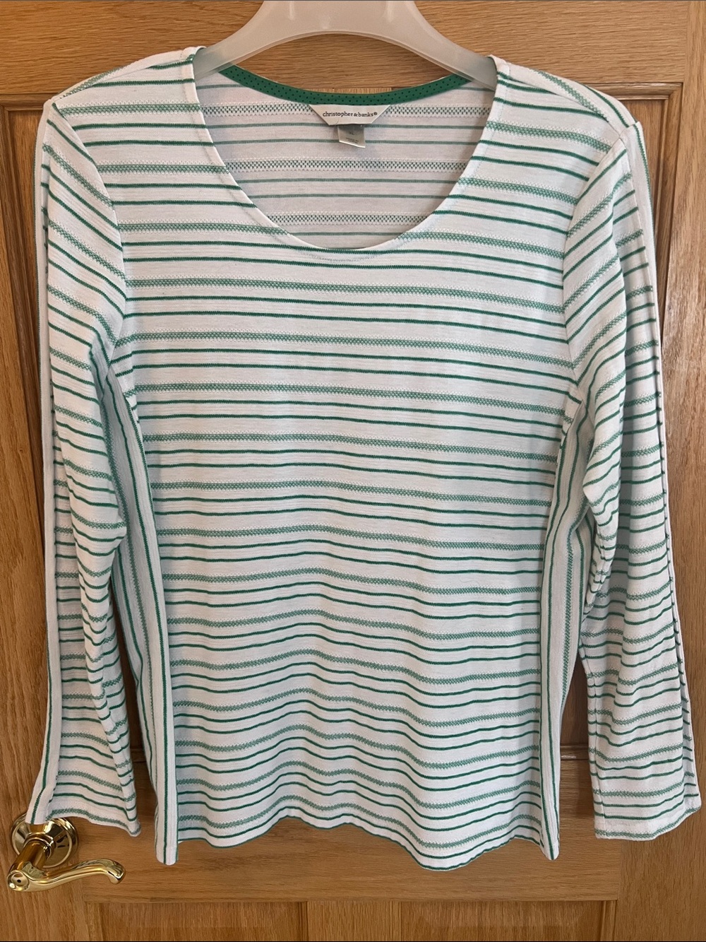 Christopher & Banks White Long-Sleeve Scoop Neck Top with Green Stripes XL